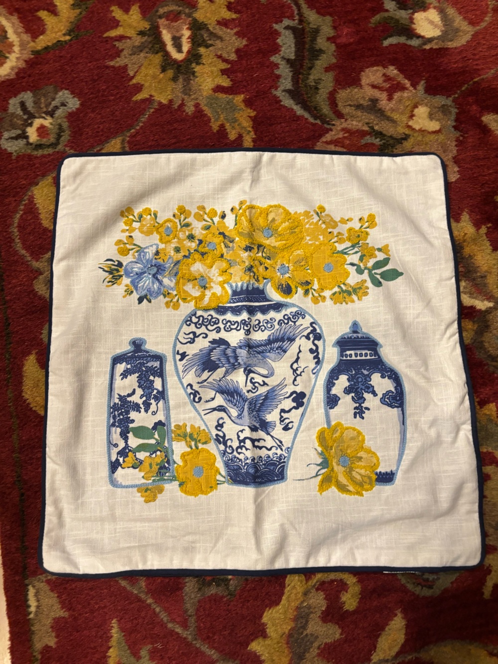 Blue and Yellow Floral Ginger Jar Accent Pillow Cover